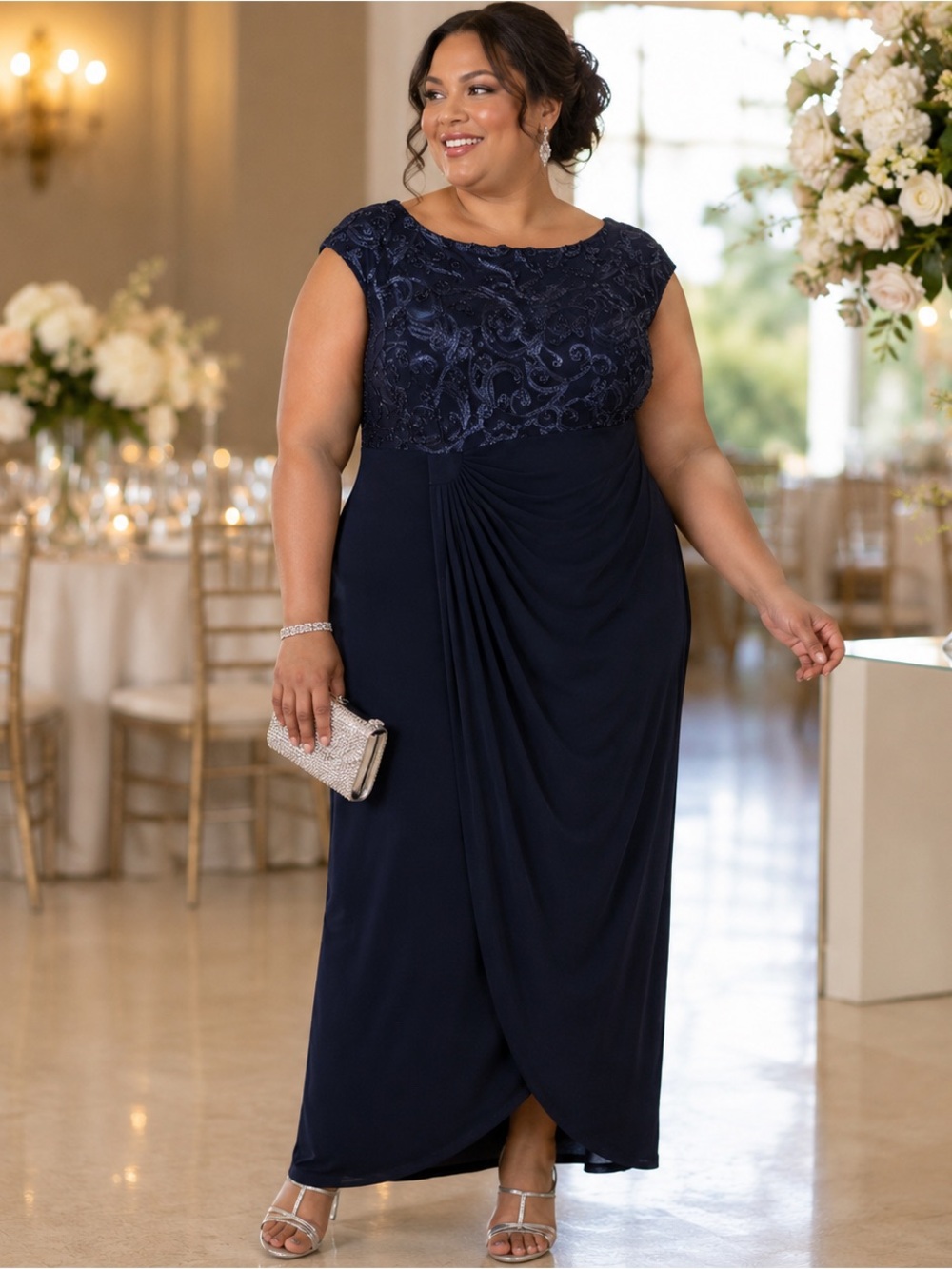 Connected Apparel Navy Embroidered Formal Maxi Dress Plus 24W NWT
